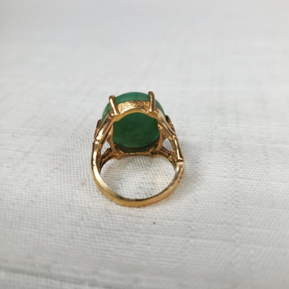 Beautiful Vintage Unique Polished Brass Bamboo Cardinal Oval Jade Stone Ring - Picture 3 of 7